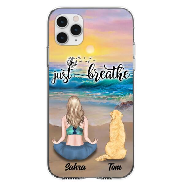 Custom Personalized Yoga Woman & Dog Phone Case – Upto 2 Dogs – Gifts For Yoga/ Dog Lovers – Just Breathe – Case For Iphone, Samsung And Xiaomi – 606Hwh