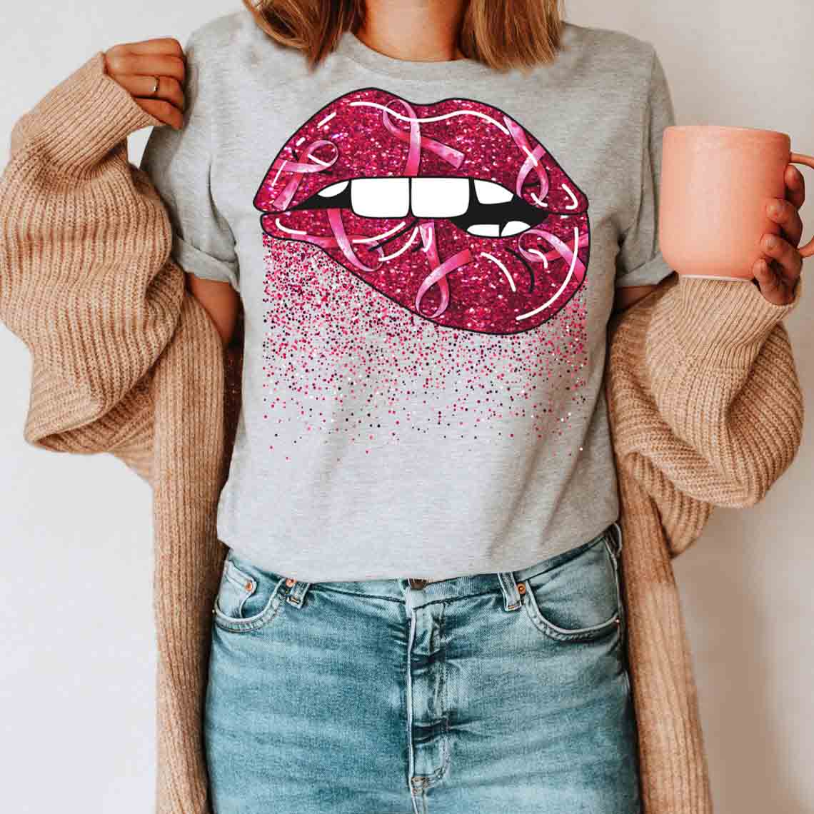 Sexy Lip Shirt Breast Cancer Awareness T-Shirt Gifts For Mom Daughter Friends Hoodies Sweater Pink