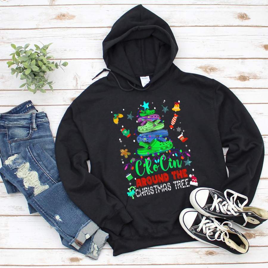 Christmas crocin around the christmas tree colorful light santa hat blue candy cane black hoodie for men and women S-5XL