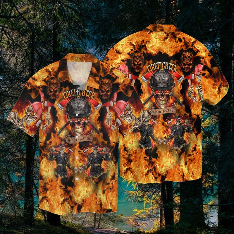 Firefighter First In Last Out Skull And Flame Full Print Hawaii Shirt Ha40011