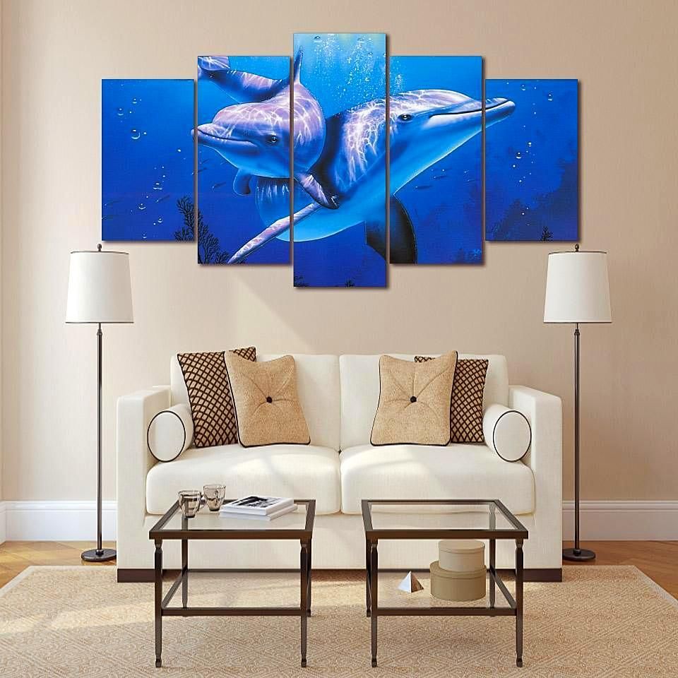 Dolphin Famiy Ocean 5 Panel Canvas Art Wall Decor