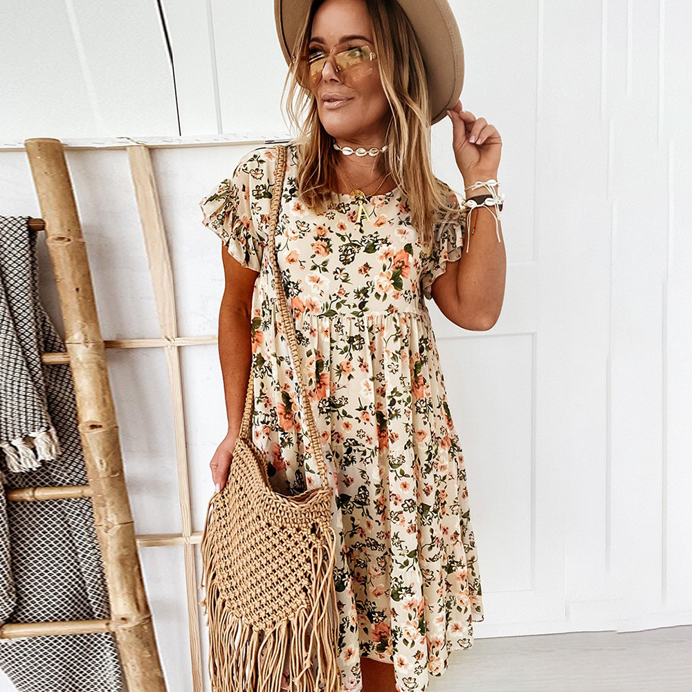 Summer Women’s 2021 Casual Floral Print Dress Boho Short Sleeve Woman Fashion ​Female Loose Ruffles Mini Dresses For Robe Femme alx