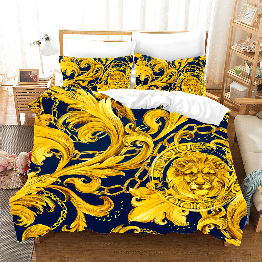 3D Luxury Golden Floral Pattern Lion Decoration Effect Quilt Cover Set Bedding Set Pillowcases 29