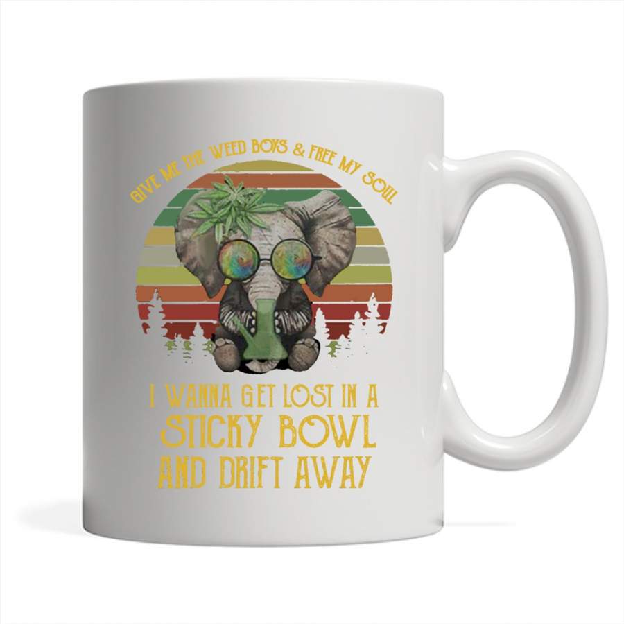 Give Me The Weed Boys And Free My Soul I Wanna Get Lost In A StickY Bowl And Drift Away, Elephant Vintage Classic – Full-Wrap Coffee White Mug