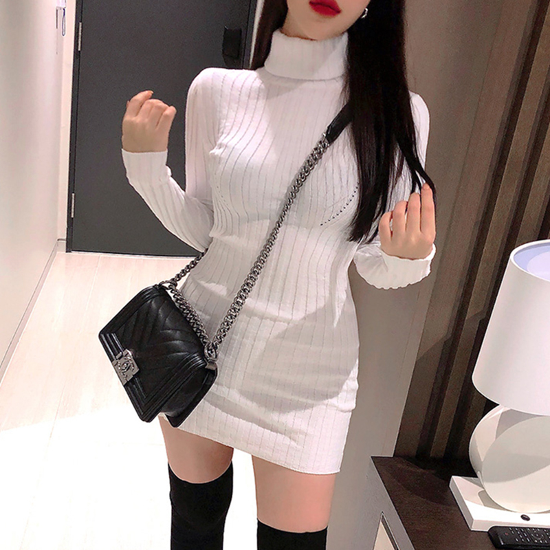 White Sexy Figure Turtleneck Tight Knitted Mini Korean Fashion Kawaii Casual Women’S Elegant Dresses Autumn For Women 2022 alx