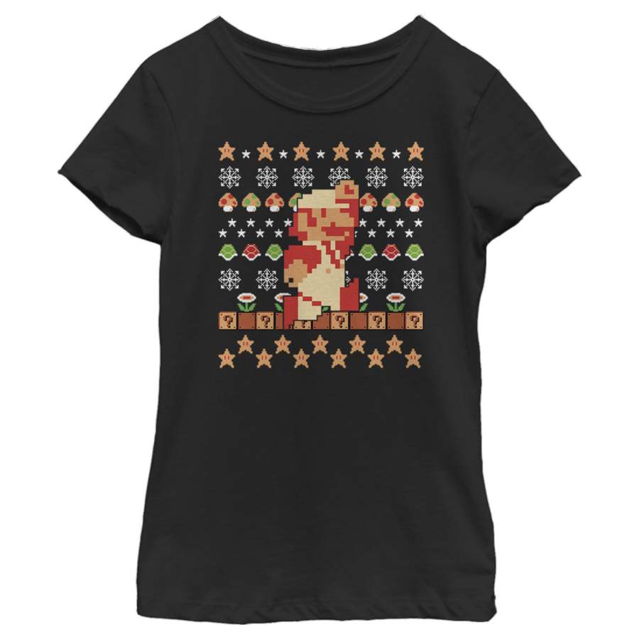 Nintendo Girl’s Ugly Christmas Super Mario Pixel  T Shirt