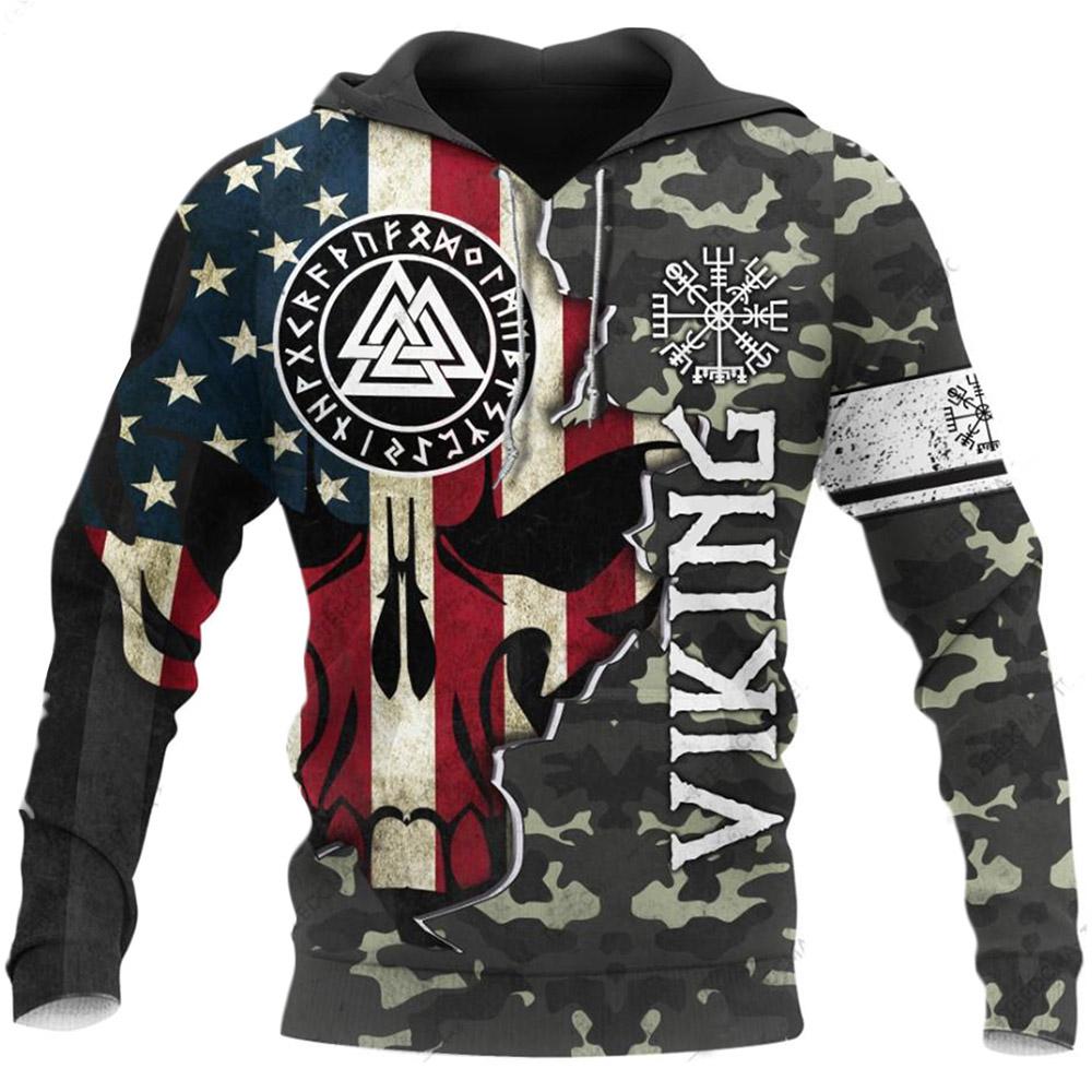 Valknut Viking Symbol Skull Half Us Flag And Camo 3D All Over Printed