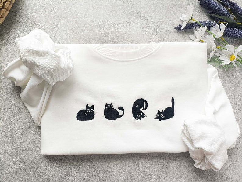 Lovely Black Cat Embroidered Sweatshirt Crewneck Sweatshirt All Over Print Sweatshirt For Women Sweatshirt For Men Sws2675