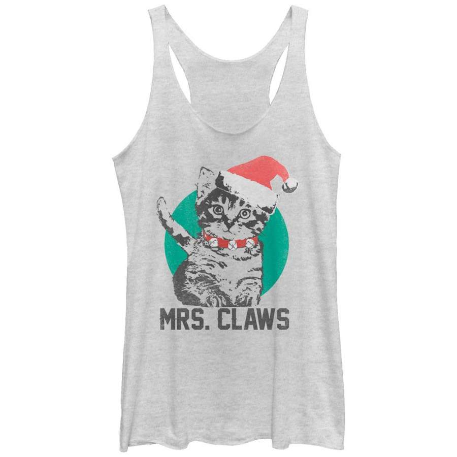 Lost Gods Women’s Christmas Kitten Mrs. Claws  Racerback Tank White Heather