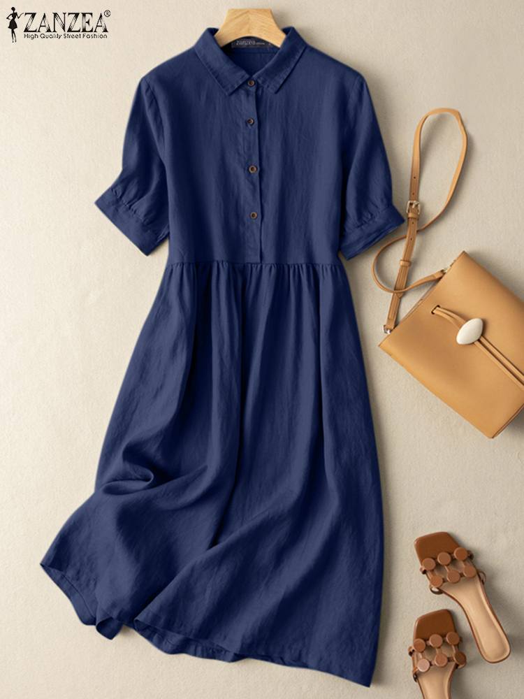 ZANZEA Summer Fashion Soild Dress Knee Length Casual Comfortable Women’s Wear Dresses Short Sleeve Turn Down Collar Vestidos alx