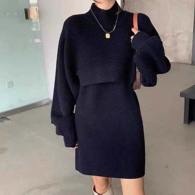 Autumn Winter Loose Knit Solid Pullover 2 Piece Set Women Fashion Turtleneck Sweater Jumper+Elegant Vest Dress Suit Office Lady alx