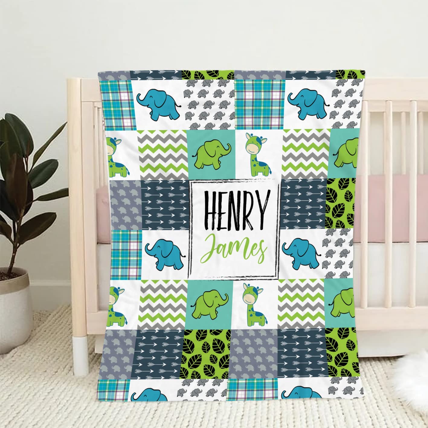 Personalized Green Square Safari Baby Blanket, Jungle Animal Baby Blanket, Baby Boy Safari Nursery, Jungle Theme Baby Blanket