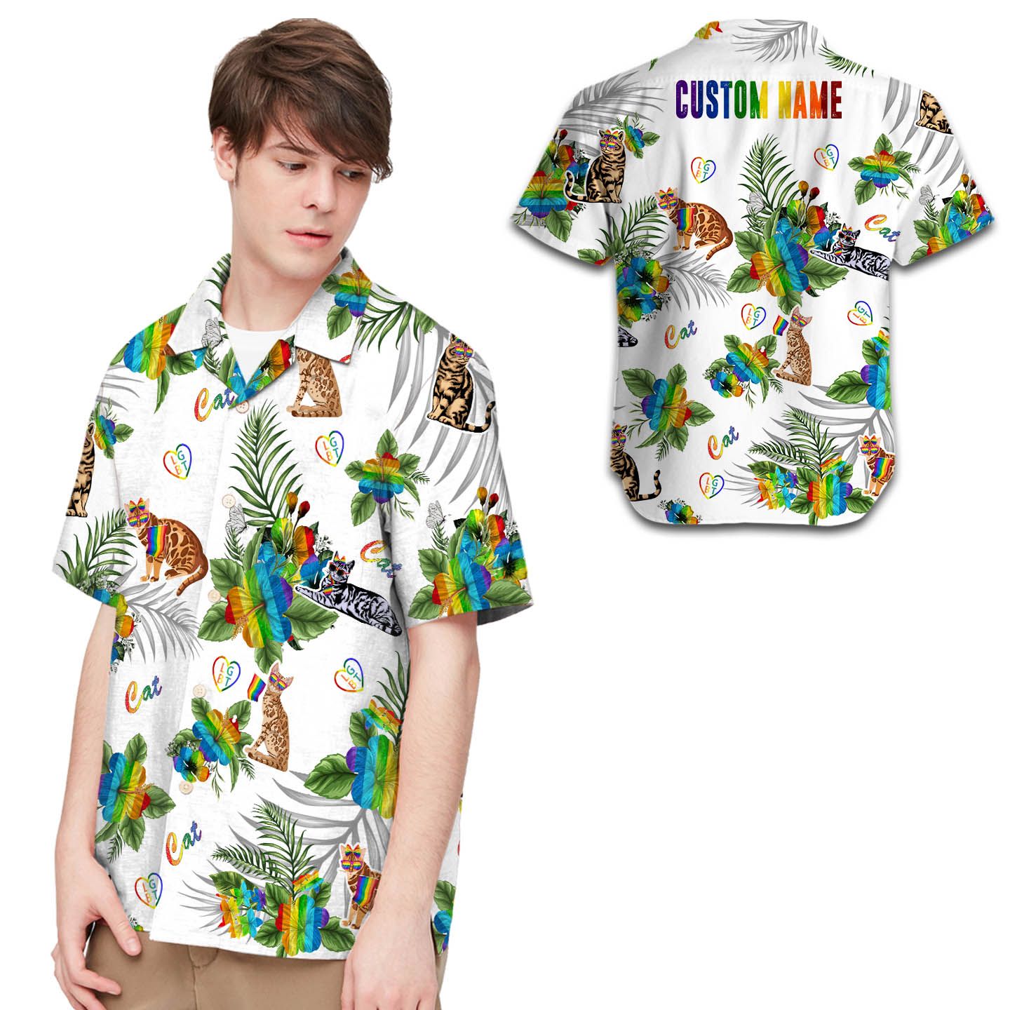 Lgbt Cat Hibiscus Flowers Custom Name Men Hawaii Shirt For Lovers Ha61546