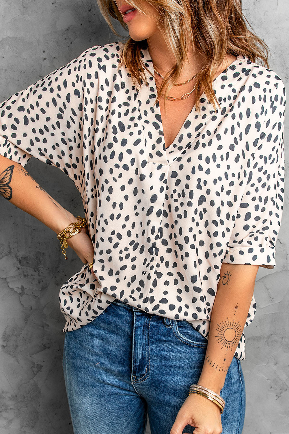 Boho Chloe Animal Print V-Neck Rolled Sleeve Tunic Top