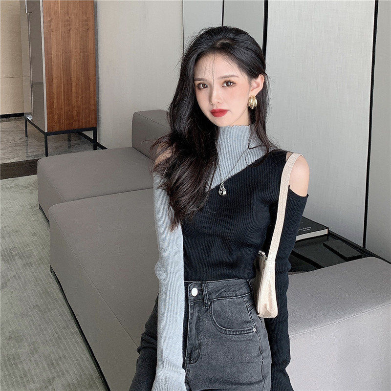 Woman Sweaters Women’s Knitwear 2020 Autumn Sweater Slim-Fit Contrast Colors off-the-Shoulder Top Femme Chandails Pull Hiver alx