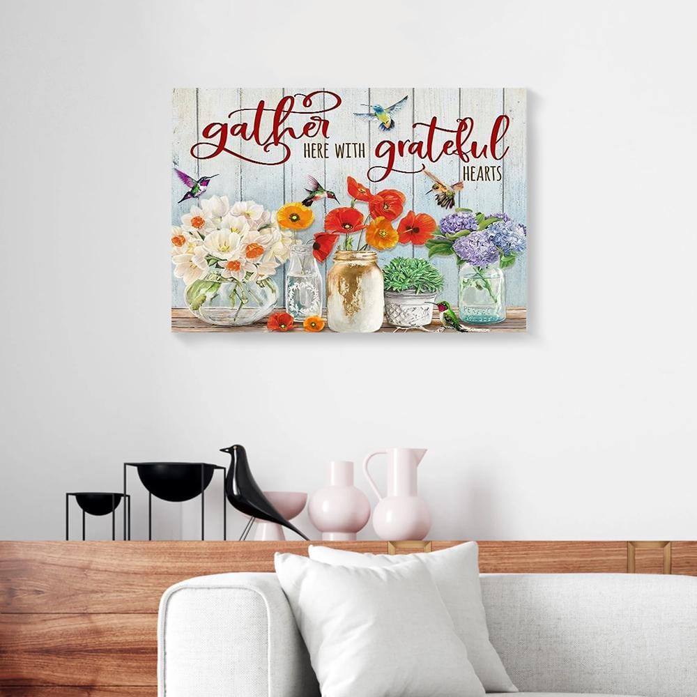 Canvas Painting Gather Here With Grateful Hearts Flower Hummingbird Canvas Home Decor Canvas