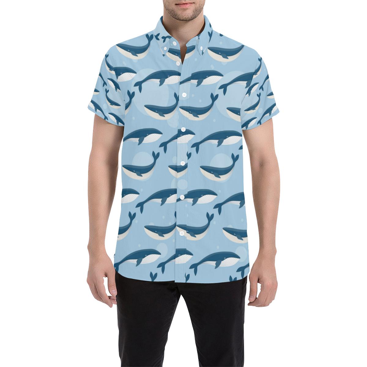 Blue Whale Pattern Print Design 02 Men Button Up Shirt