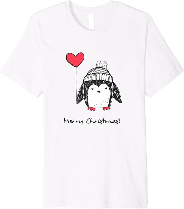 Merry Christmas Cute Baby Penguin Red Heart-Shape Balloon Premium T-Shirt