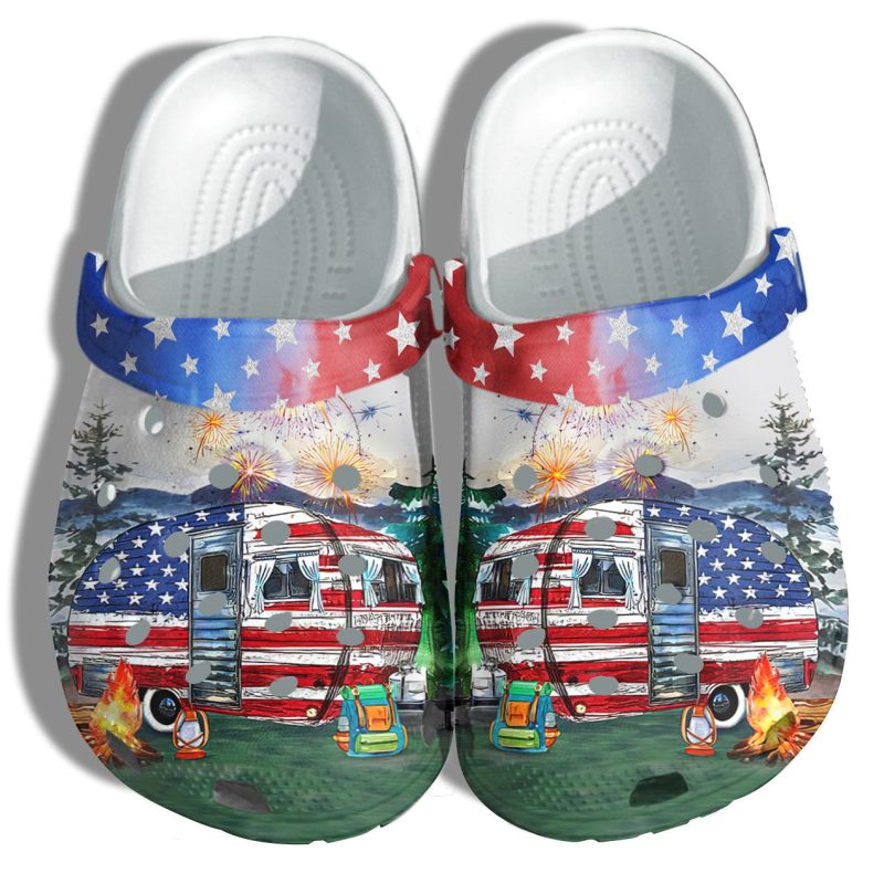 Camping Bus Happy New Year America Flag Shoes Gift Women – Forest 4Th Of July Celebrate National Day Shoes Birthday Gift