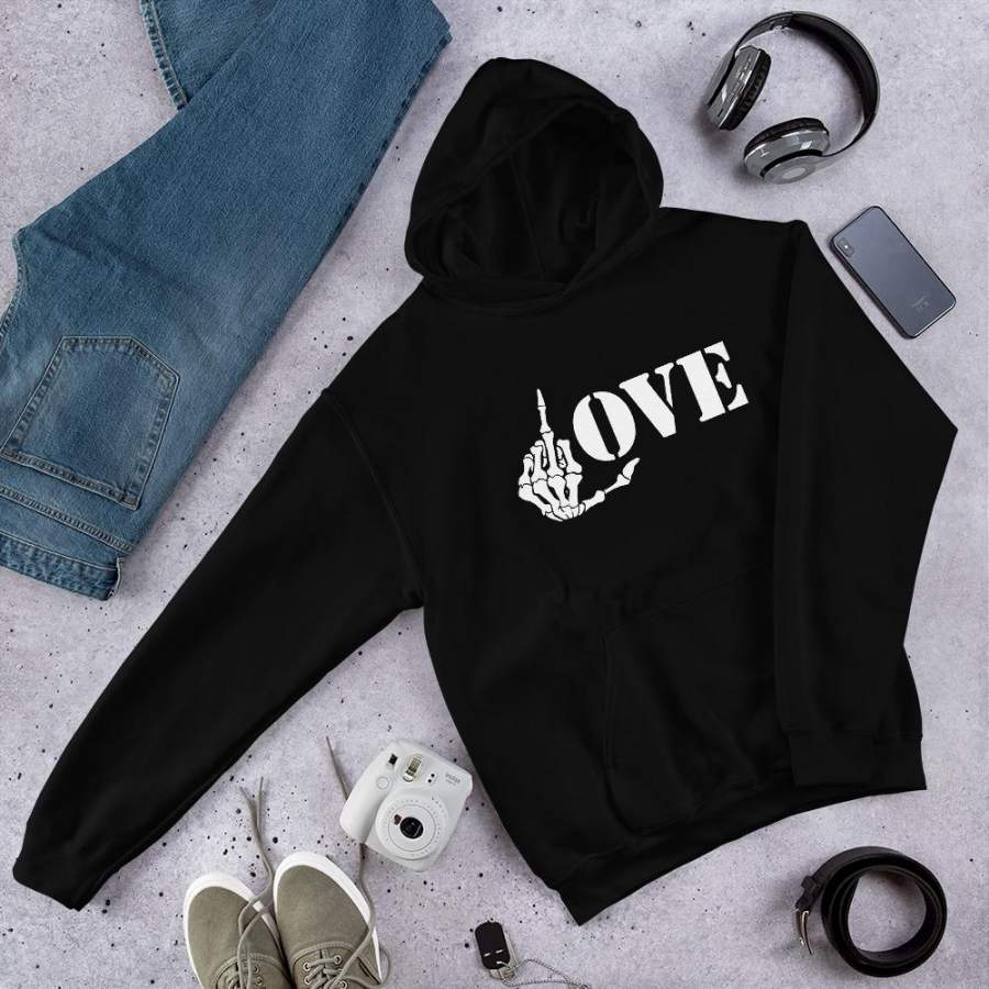 Love Skeleton Middle Finger Up Hoodie Cool Skull Hoodie Heavy Metal Rock Lover Hoodie Best Friend Hoodie S-5Xl Plus Size Unisex Hoodie Donuink Store