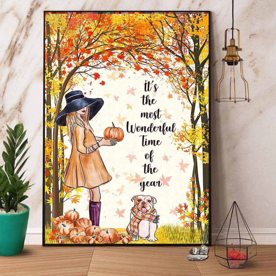 Autumn Girl & Pug It’s The Most Wonderful Time Of The Year Halloween Gift Paper Poster No Frame/ Wrapped Canvas Wall Decor Full Size