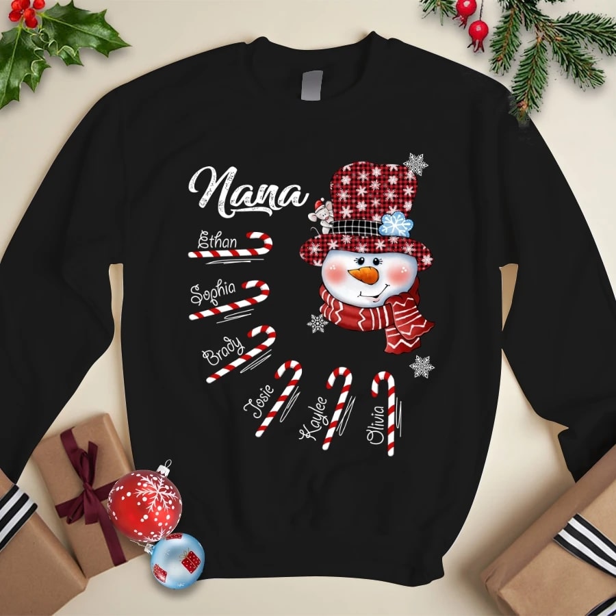 Personalized Sweatshirt For Grandma Nana Snowman Candy Cane Snowflake Printed Custom Grandkids Name