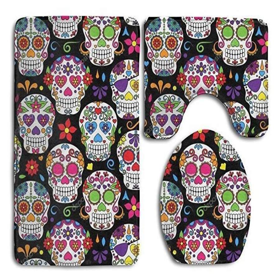 Day Of The Dead Sugar Skull Black Bathroom 3-Piece Mat Sets Pedestal Mat+Lid Toilet Cover+Bath Mat Doormat Non-slip Rug