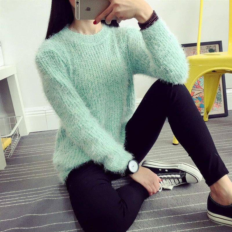 Candy Colors Sweaters Fashion  Warm Mohair O-Neck Pullover Long Sleeve