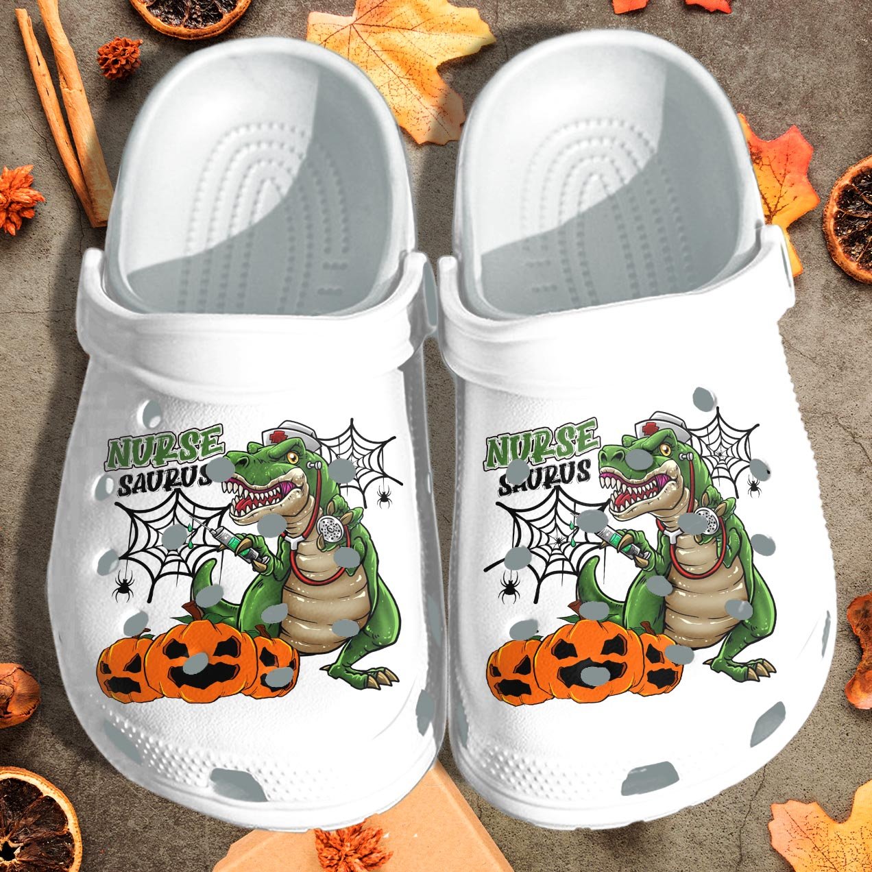 Pumpkin Nurse Dinosaurus Halloween Funny Shoes Clog – Dinosaur Nurse Halloween Cartoon Crocs Crocband Clog Birthday Gift For Man Women