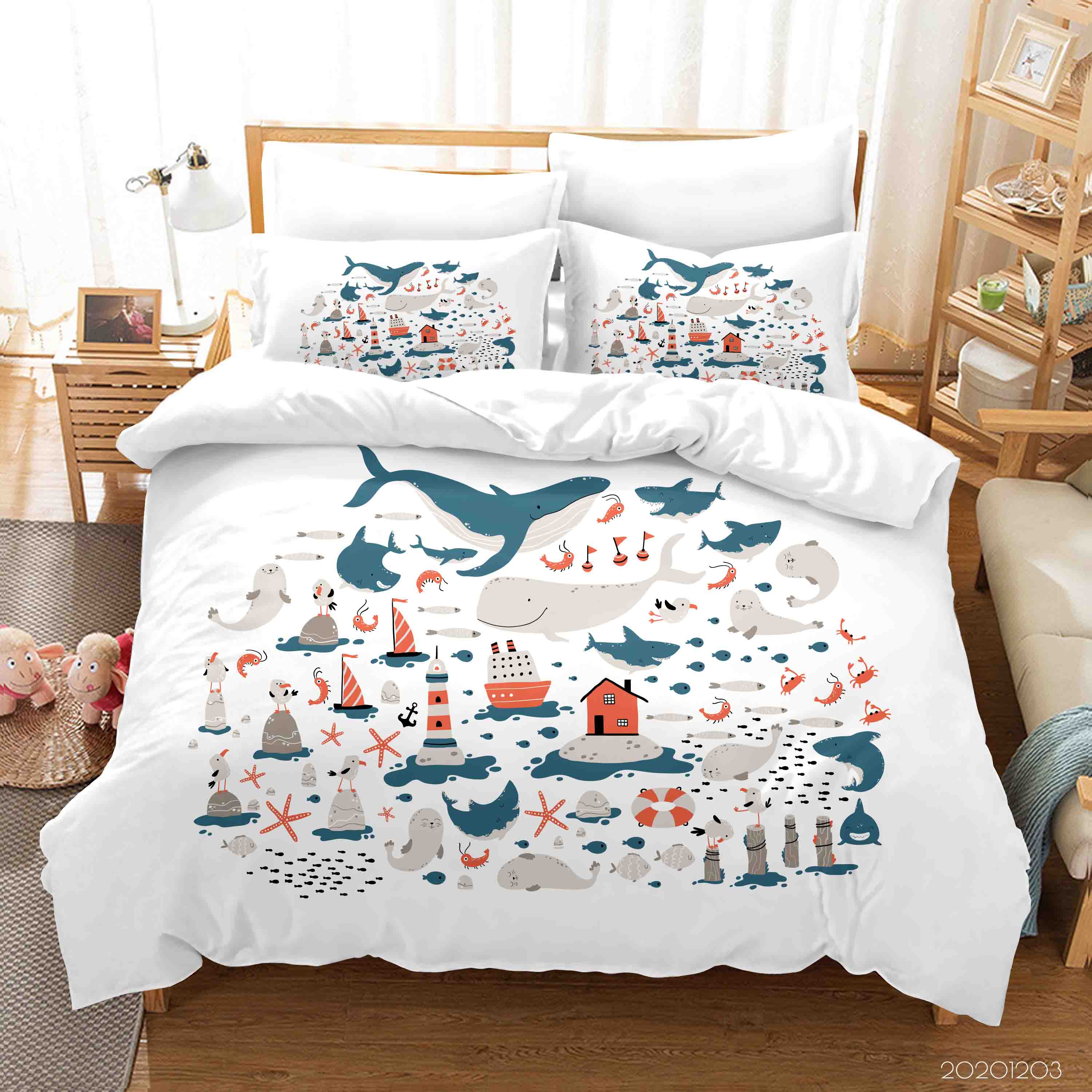 3D Cartoon Ocean Whale Lighthouse Starfish House Quilt Cover Set Bedding Set Duvet Cover Pillowcases Lxl