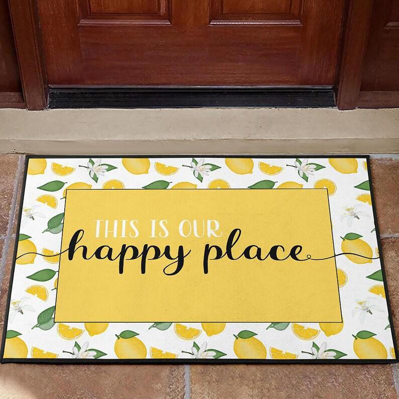 This Is Our Happy Place Lime Background Lemon Fruit Doormat Indoor And Outdoor Mat Entrance Rug Sweet Home Decor Closing Gift Gift For Friend Family Fruit Lovers Gift Idea