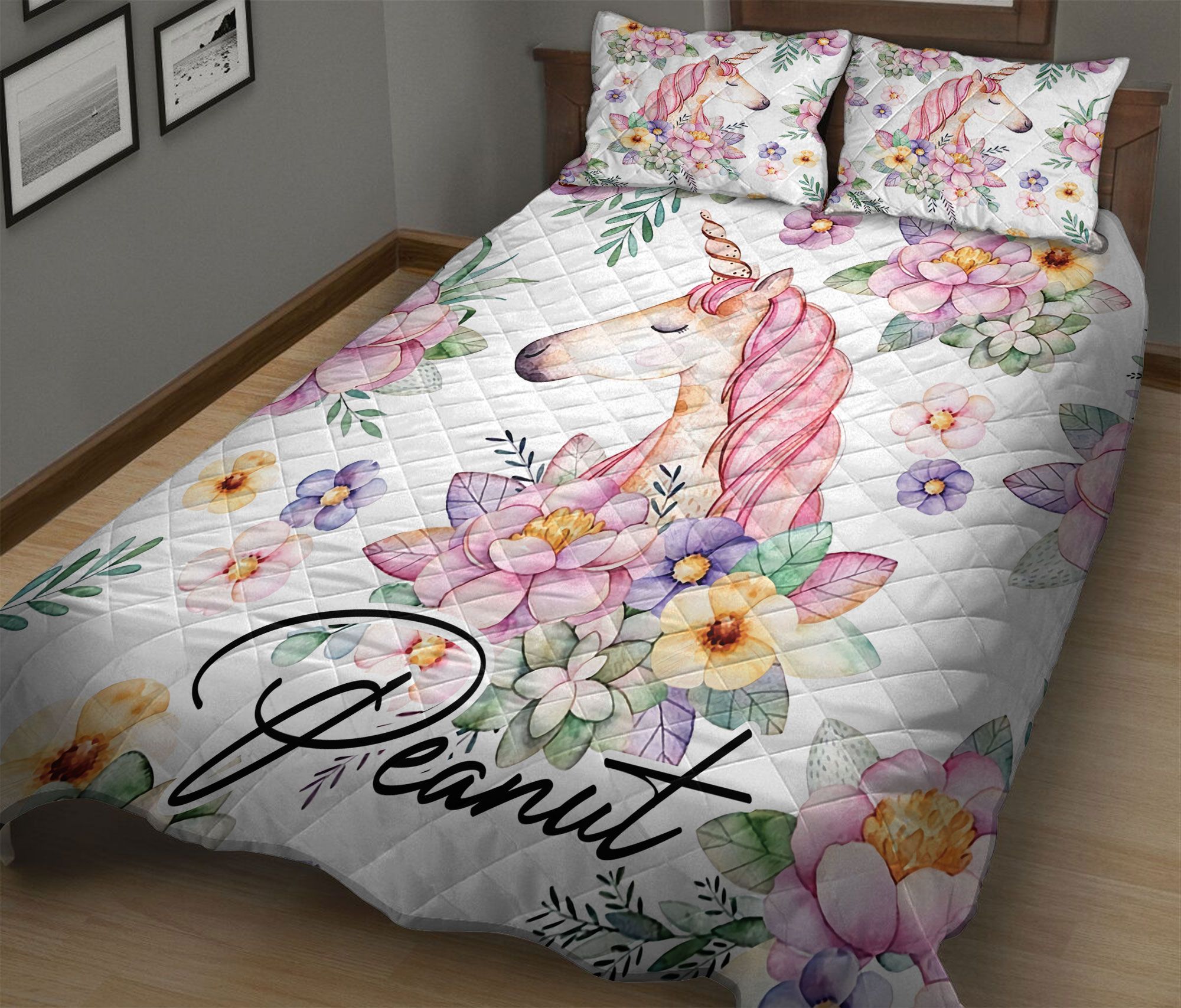 Custom Personalized Name Quilt Bedding Set Twin Queen King Size Bed Quilts Quilting Fabric – Unicorn Flowers TY21012112