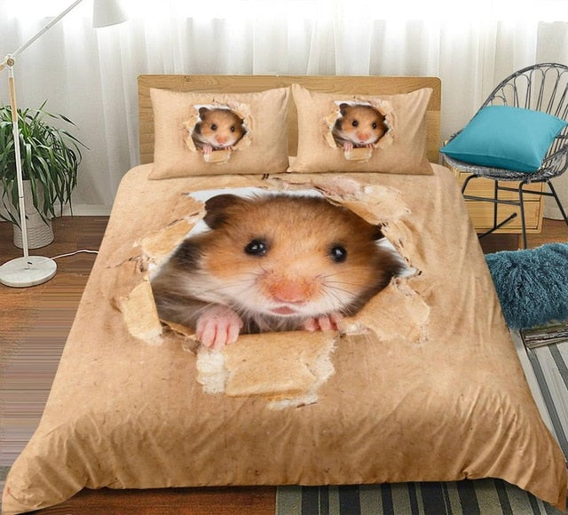 Cute Lover Brown Hamster Printing 3D Animals Duvet Cover Set, Microfiber Fabric Bedding