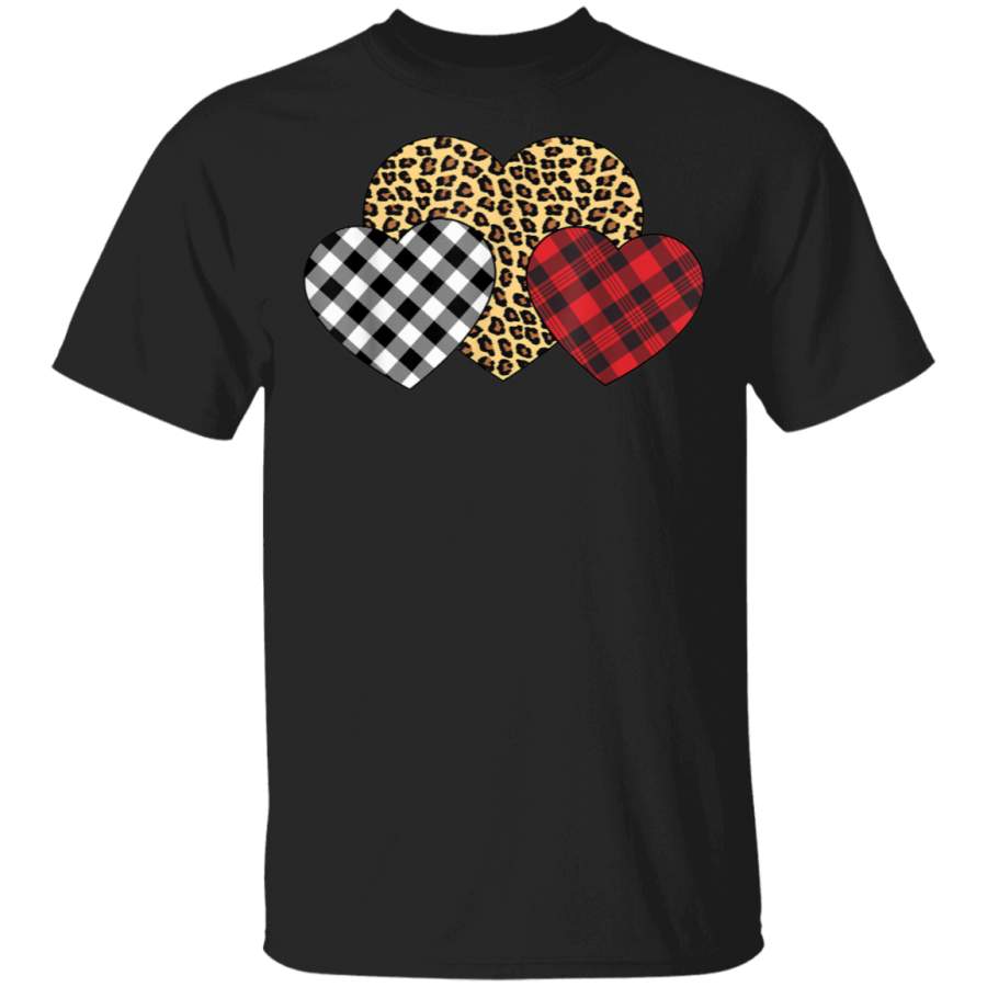 Three Hearts Leopard Buffalo Plaid Valentine’s day Girl Kid Shirt G500 Gildan 5.3 oz. T-Shirt