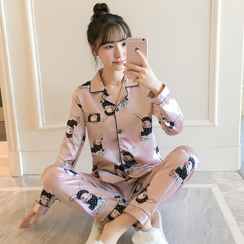 Autumn Women’s Pajamas Ice Silk 2 Pieces Satin Pajamas Set Sleepwear Female Long-sleeved Trousers Plus Size Loungewear Pijama alx