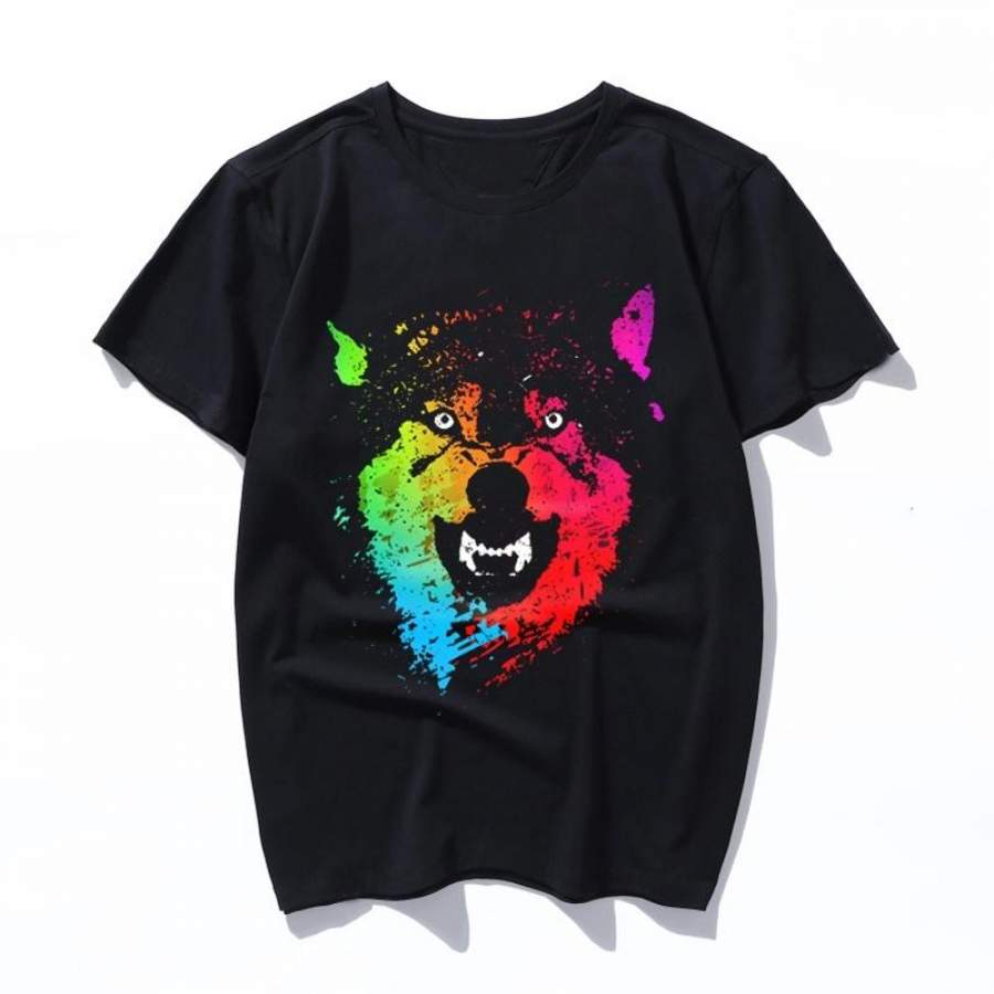 neon wolves Black T Shirt Japanese Fashion Aesthetic T-Shirt 90s Kawaii Tee Short Sleeve for men and women