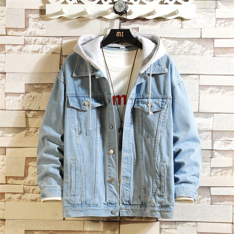 2022 New Men’s Denim Jacket Cotton Loose Hooded jean Outwear Coat Solid Denim jacket Men Casual Couple Streetwear Plus Size 5XL alx