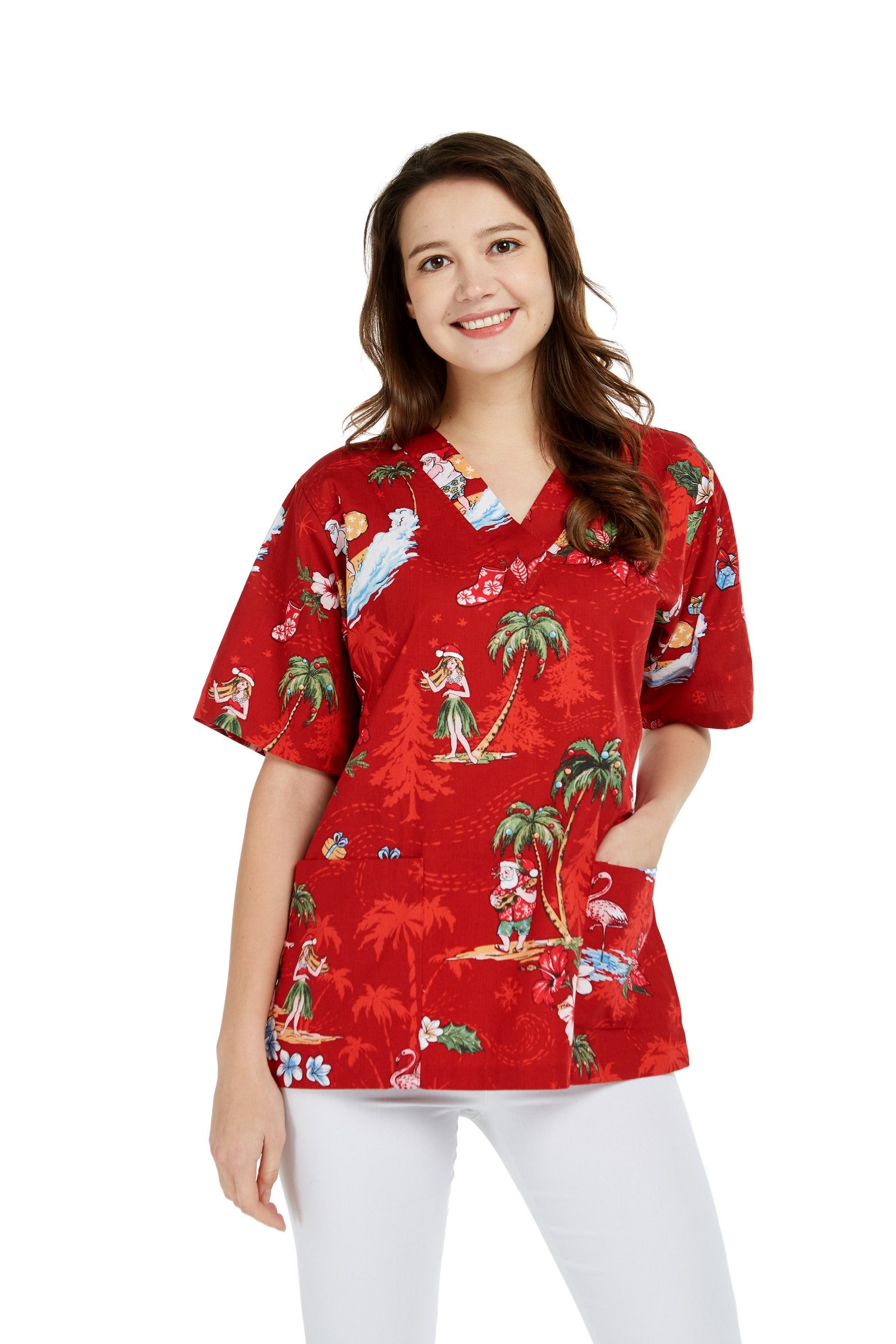 Hawaii 2 Pockets Scrub In Christmas Santa Red Ha97769