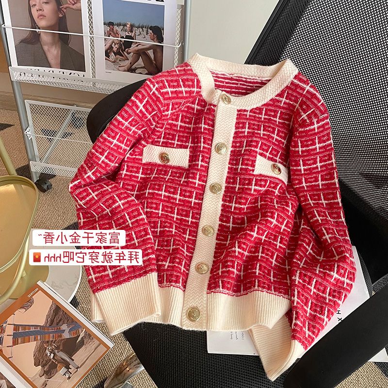 Winter First Love Red Sweater Cardigan Women Design Sense Small High Sense Small Fragrant New Year Knitted Cardigan Sweater Coat alx