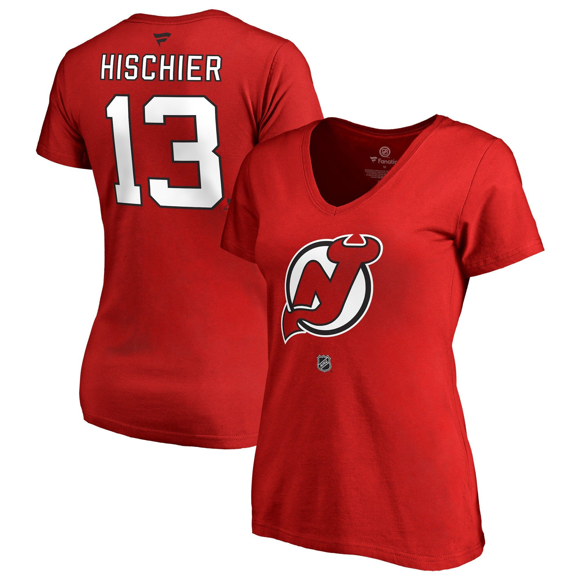 Women’S Fanatics Branded Nico Hischier Red New Jersey Devils Authentic Stack Name & Number V-Neck T-Shirt