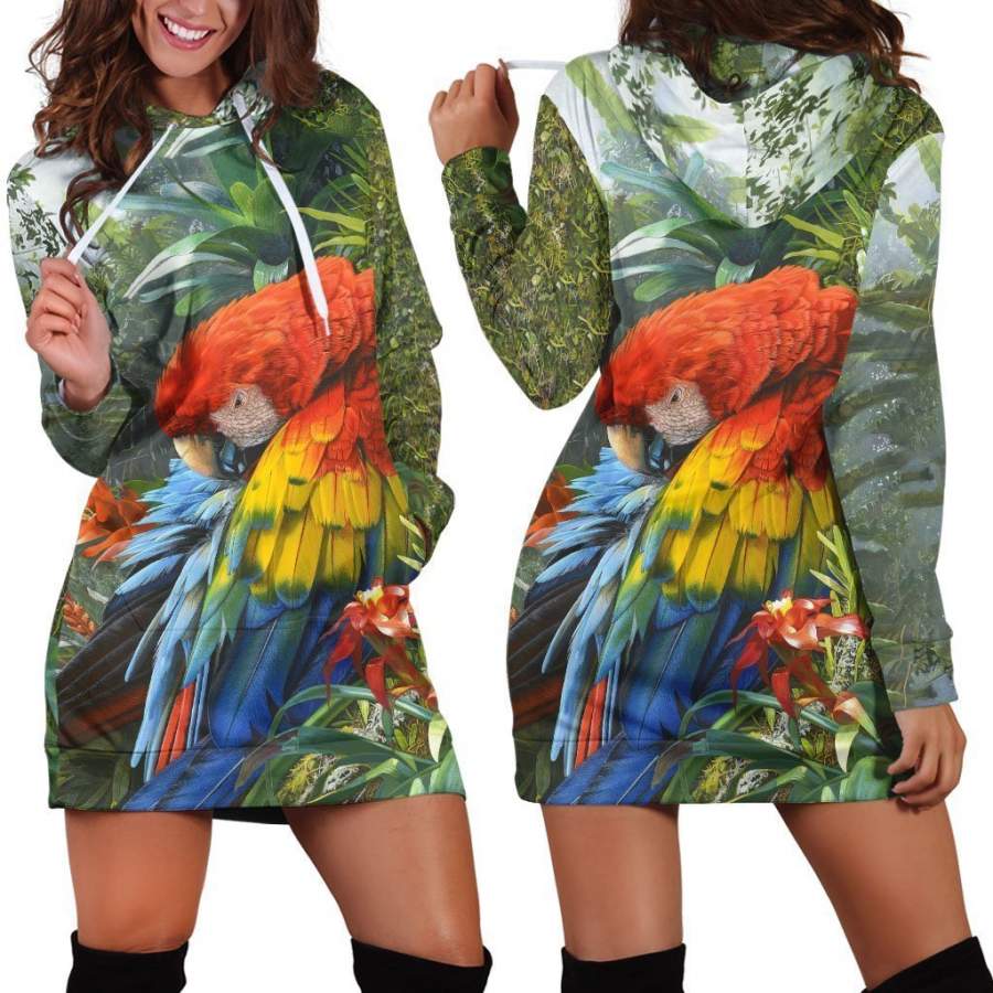 All Over Printed Parrots Hoodie Dress H2419B