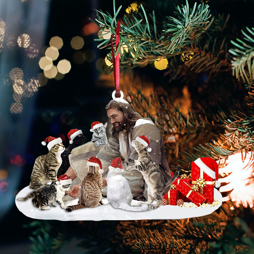 Cats And Jesus Christ Acrylic And Wooden Ornament, Christmas Gift Decoration For Kitten And God Lovers