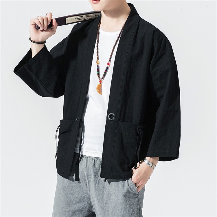 Spring Men’s Linen Kimono Fashion Loose Long Cardigan Outerwear Vintage Coat Male Jackets with Belt Casual Overcoat alx