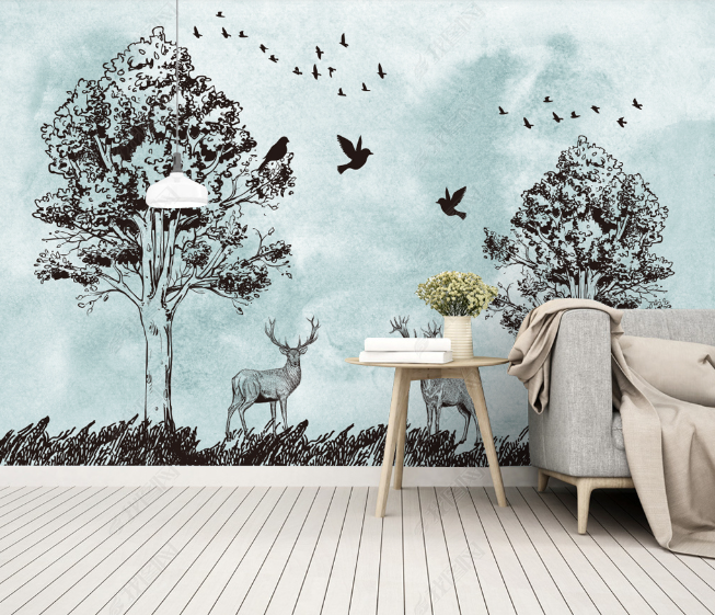 3D Hand Drawn Tree Animal Elk Wall Mural Wallpaper Lqh 47