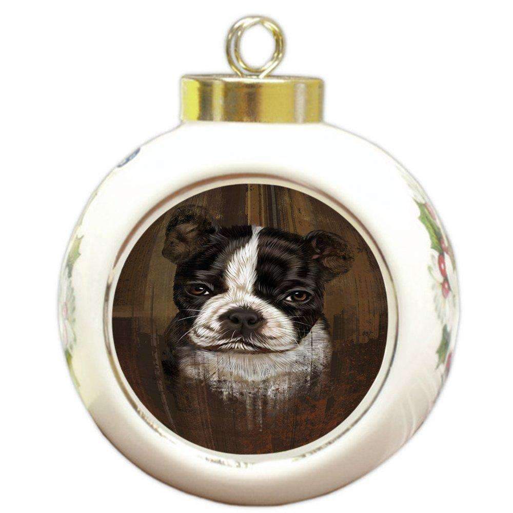 Rustic Boston Terrier Puppy Round Ball Christmas Ornament Rbpor48210