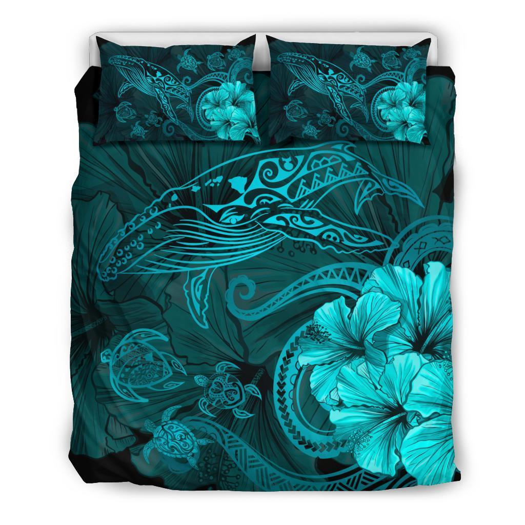 Hawaiian Hibiscus Whale Turtle Dance Polynesian Bedding Set – Turquoise