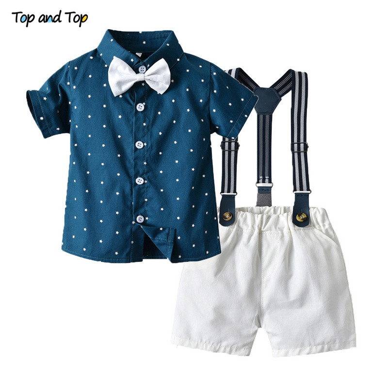 Top and Top Little Boys Gentleman Clothing Set 2020 Fashion Kids Boys Casual Short Sleeve Bow Tie Shirt+Overalls Formal Suits alx