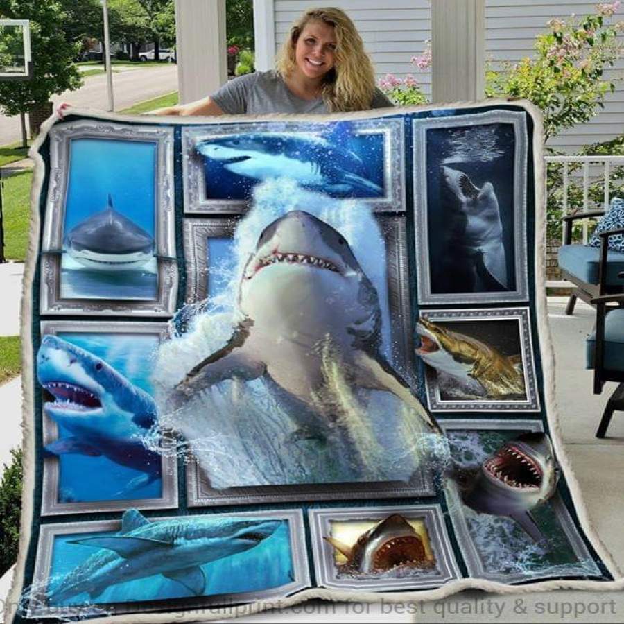 Shark In Blue Ocean Sherpa Blanket and Quilt