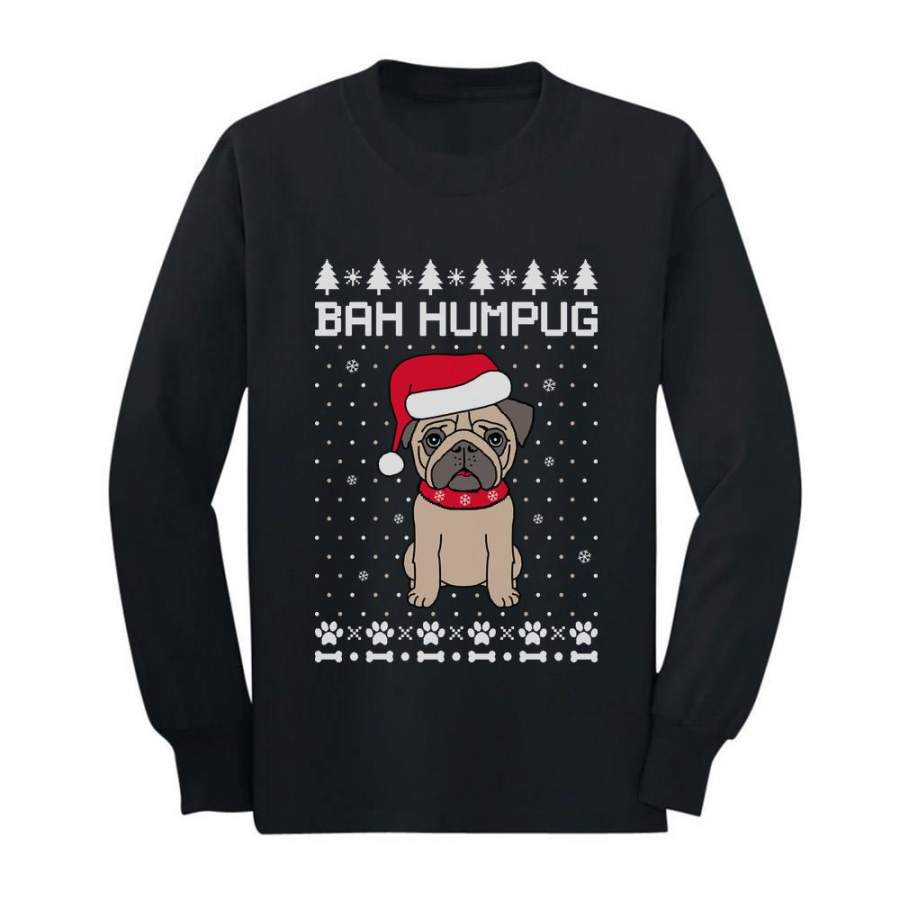 Bah Humpug Funny Ugly Christmas Puppy Pug Dog Youth Kids Long Sleeve T-Shirt