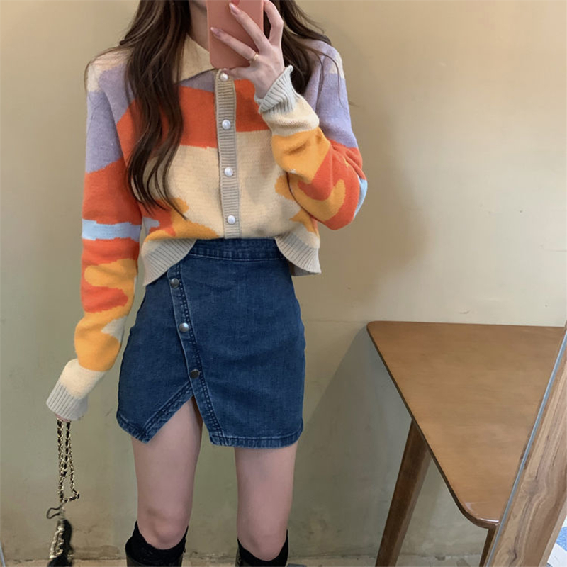 Cropped Cardigan Women Korean Polo Collar Stitching Color Loose Single Breasted Sweater Coat 2022 Harajuku Student Knitted Tops alx